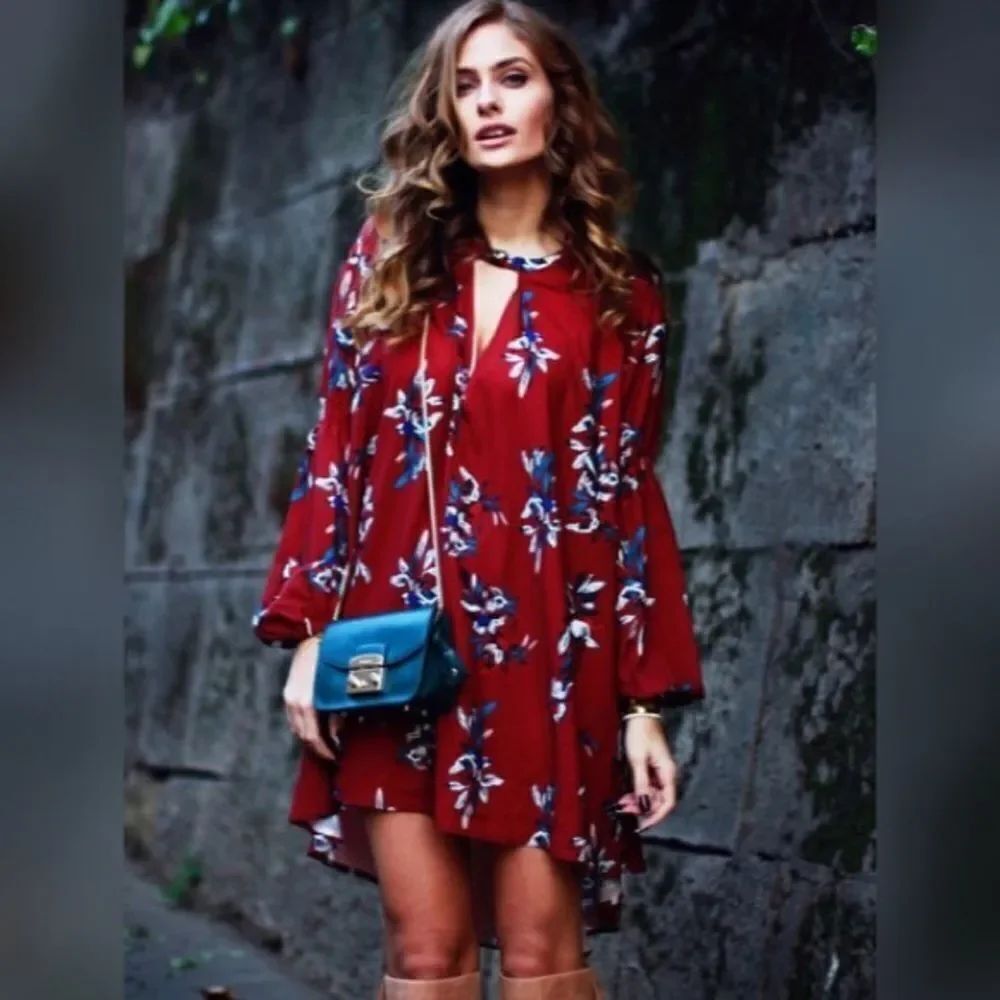 HP Wine Red Baggy Long Sleeve Floral Flowery Dress